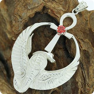 Egyptian Jewelry Cobra Ankh  w/ Red Heart Silver Pendant