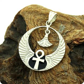 Egyptian Silver Pendant Winged Cobra W/ Lotus And Ankh