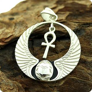 Egyptian Silver Pendant Winged Cobra W/ Lotus And Scarab