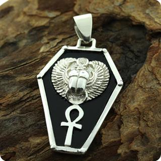 Egyptian Winged Scarab w/ Ankh Silver Shield Pendant